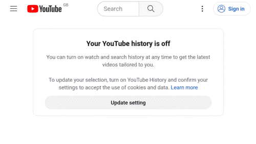 Image of YouTube saying to enable suggestions if you want to see them